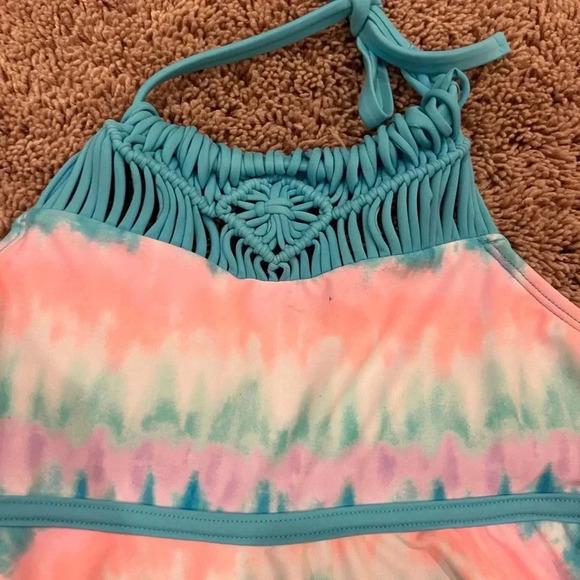 Justice girls large 12 swim set top bottom bikini tankini blue tie dye fringe - Picture 7 of 11